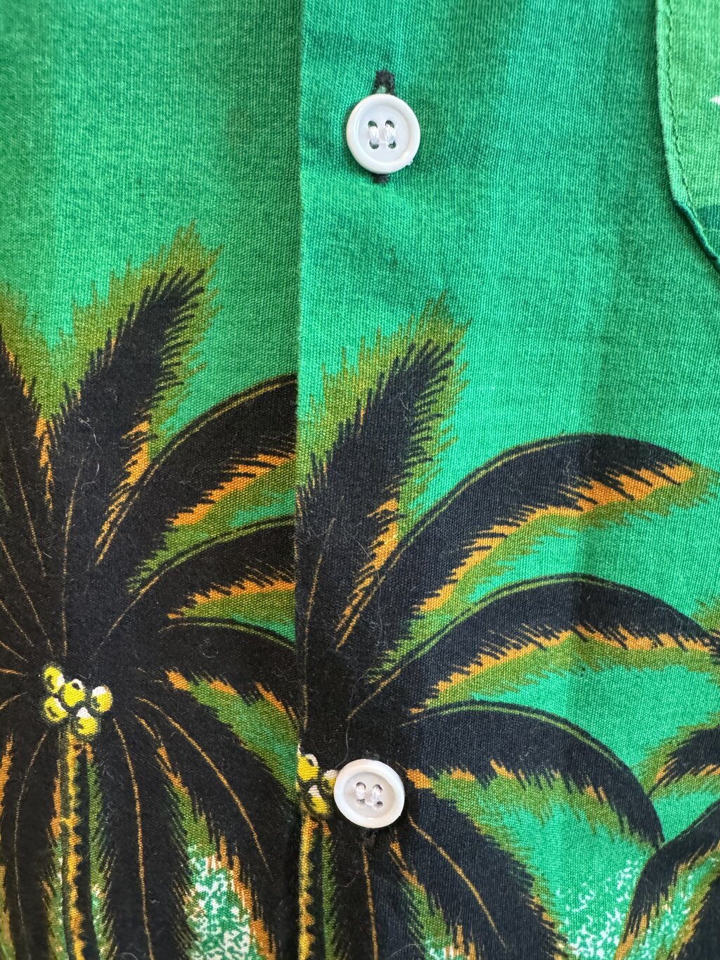 1990s  - Vintage Glarious Cotton Aloha Shirt – Green Lagoon with Sailboats & Hot Air Balloons (XL)