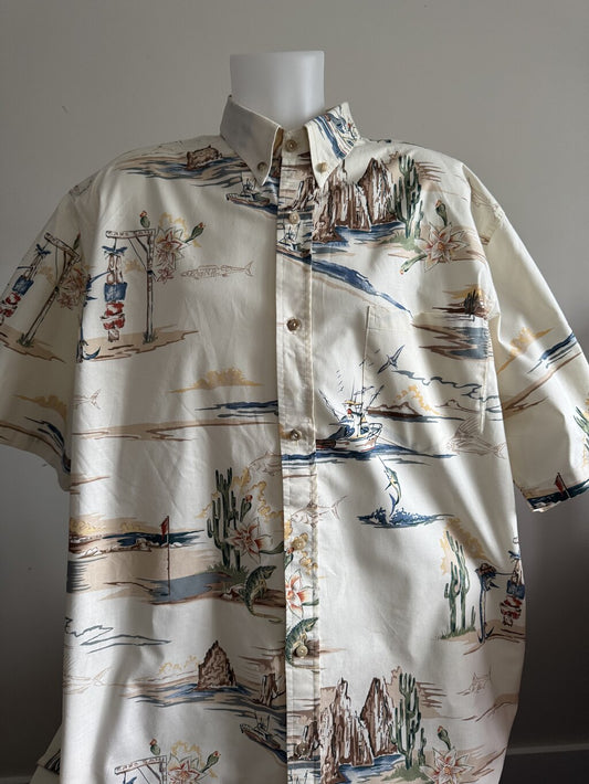 1990s - Bluewater USA 2XL Fishing Scene Shirt – Marlin, Cactus & Coastal Cliff Print (Thick Cotton)