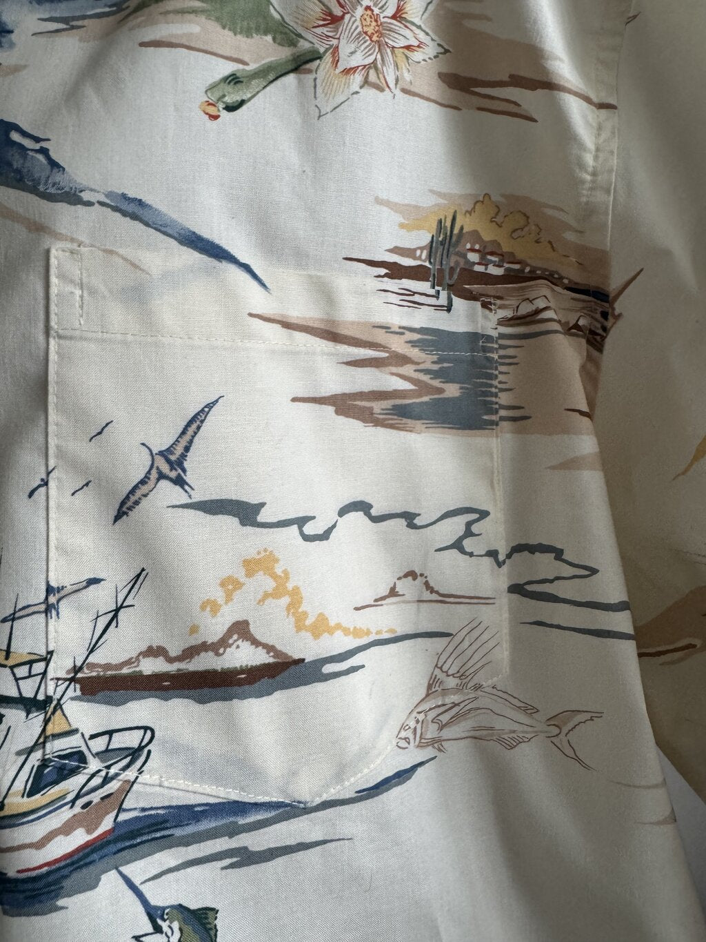 1990s - Bluewater USA 2XL Fishing Scene Shirt – Marlin, Cactus & Coastal Cliff Print (Thick Cotton)