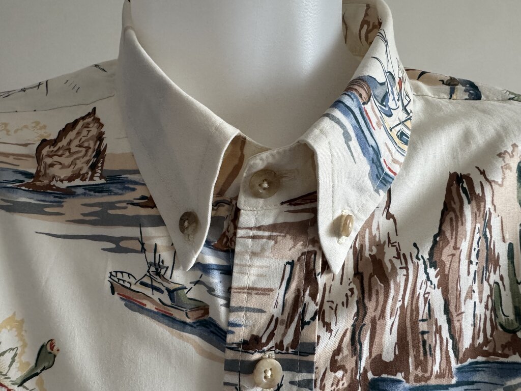 1990s - Bluewater USA 2XL Fishing Scene Shirt – Marlin, Cactus & Coastal Cliff Print (Thick Cotton)