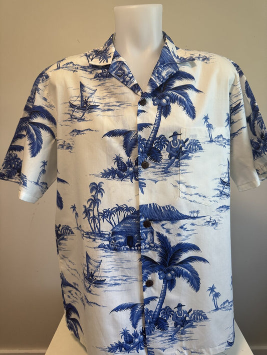 1970s - 1980s - Royal Creations Scenic Blue & White Aloha Shirt with Ukulele Player and Canoe Motif – L