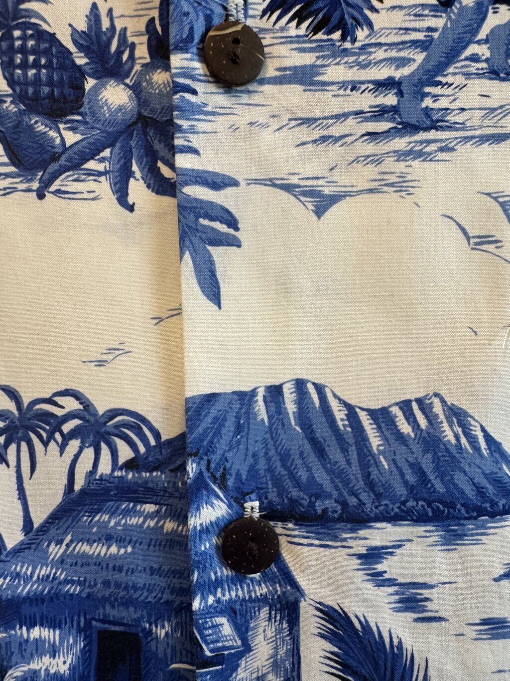 1970s - 1980s - Royal Creations Scenic Blue & White Aloha Shirt with Ukulele Player and Canoe Motif – L