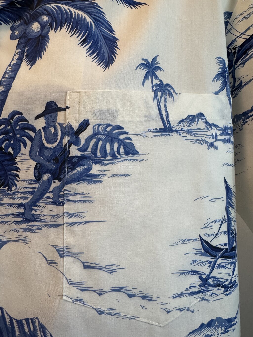 1970s - 1980s - Royal Creations Scenic Blue & White Aloha Shirt with Ukulele Player and Canoe Motif – L