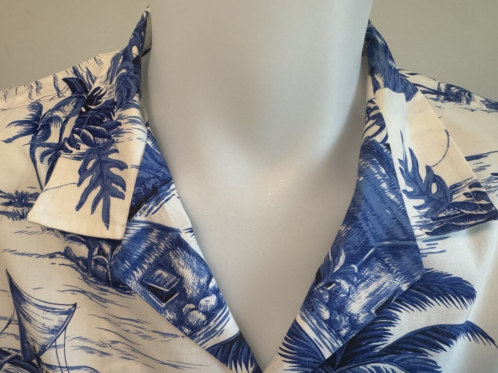 1970s - 1980s - Royal Creations Scenic Blue & White Aloha Shirt with Ukulele Player and Canoe Motif – L