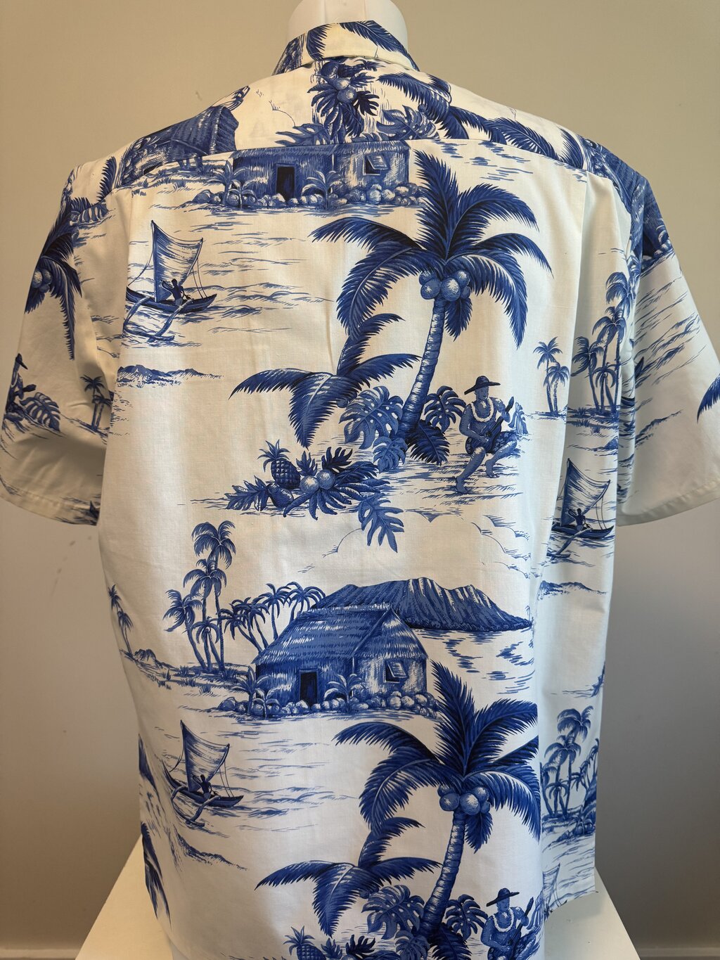 1970s - 1980s - Royal Creations Scenic Blue & White Aloha Shirt with Ukulele Player and Canoe Motif – L