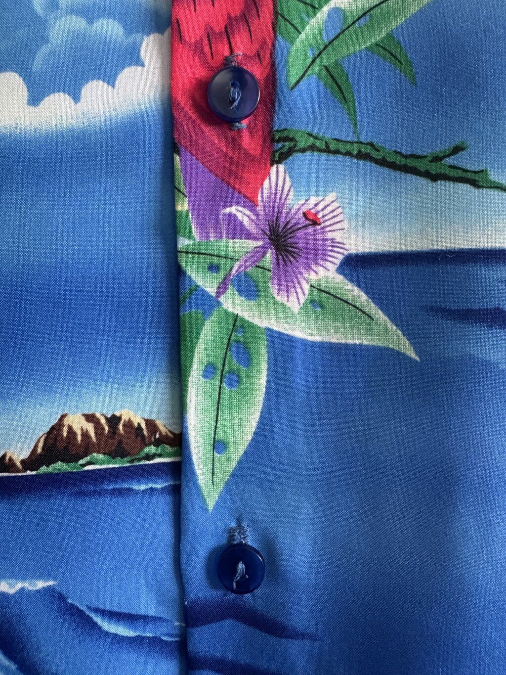 1980s Casual Wear Surfer Scene Shirt – Ocean Blue with Parrots, Palms & Pipeline Waves (L)