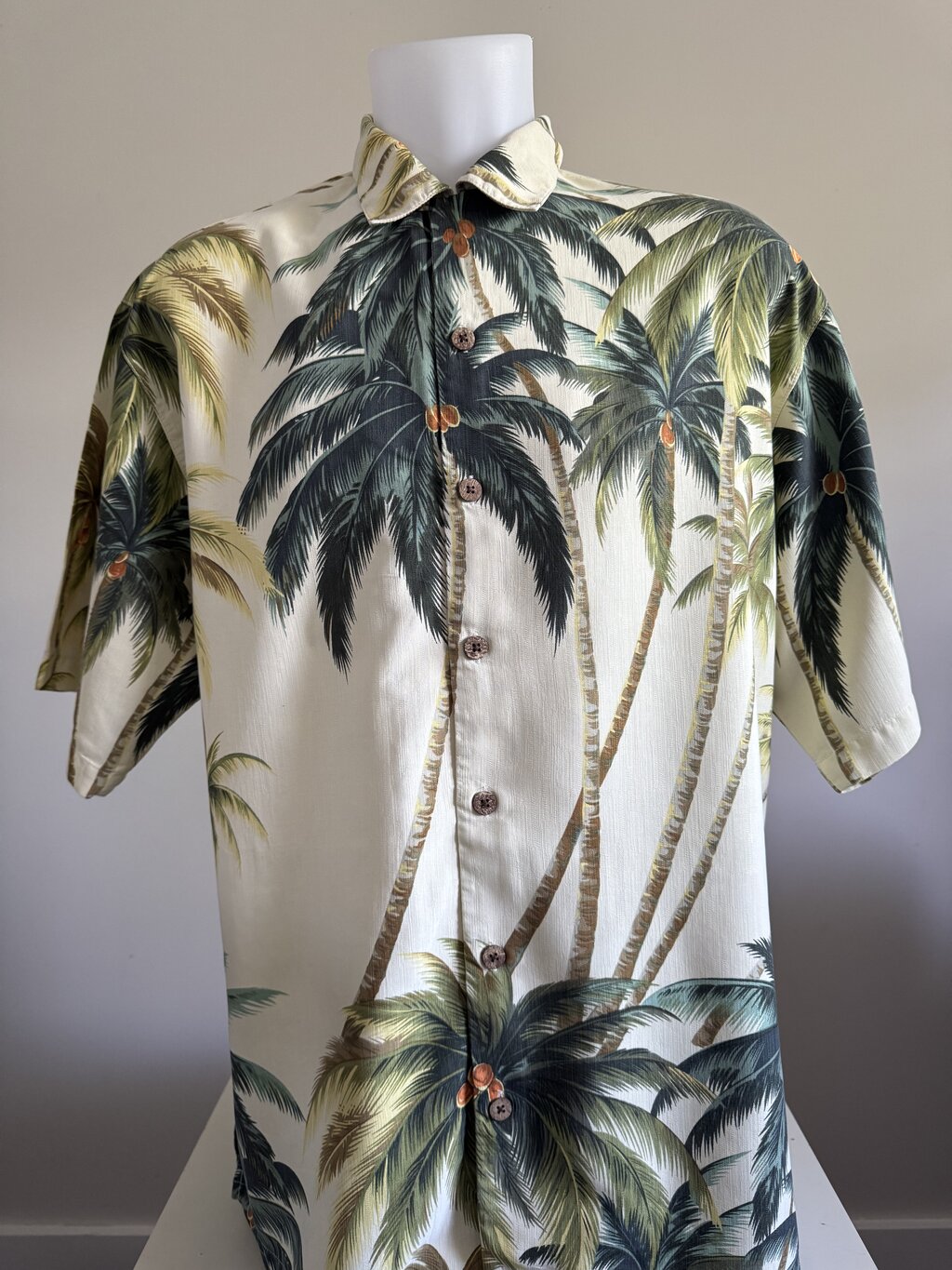 2000s–2010s - Tommy Bahama Coconut Grove Shirt – Cream Silk with Towering Palms (M)