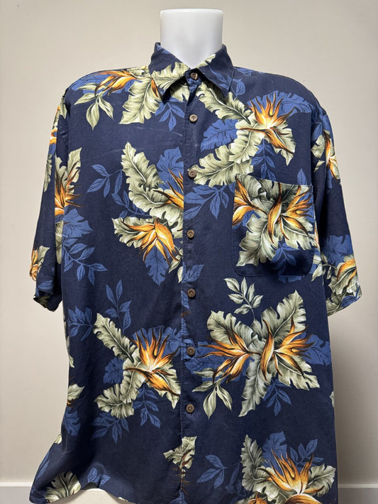 1990s Nautica Bird of Paradise Floral Shirt – Navy & Orange (XL)