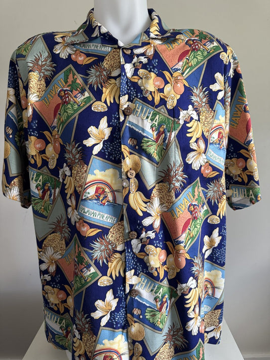 Joe Kealoha's 1980s Rayon Aloha Shirt – Hula Girl & Pineapple Postcard Print (XL)