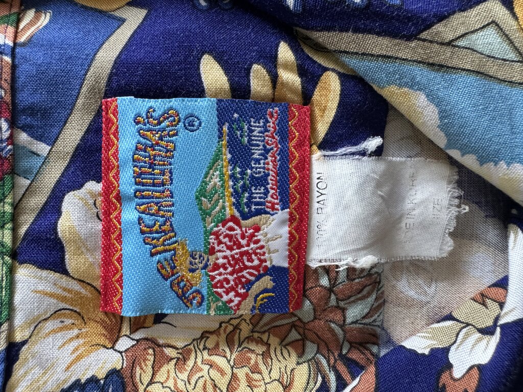 Joe Kealoha's 1980s Rayon Aloha Shirt – Hula Girl & Pineapple Postcard Print (XL)