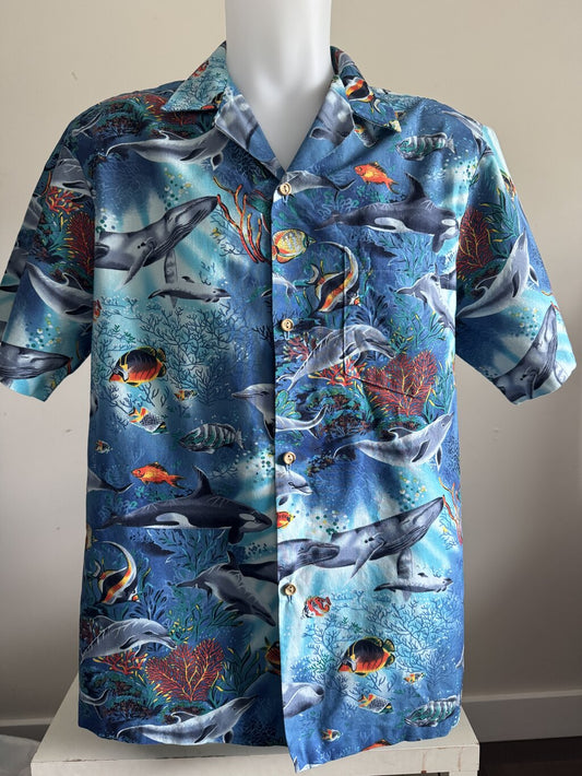 1990s–Early 2000s - RJC Marine Majesty Vintage Hawaiian Shirt – Ocean Blue with Dolphins, Orcas & Coral Reefs (M/L)