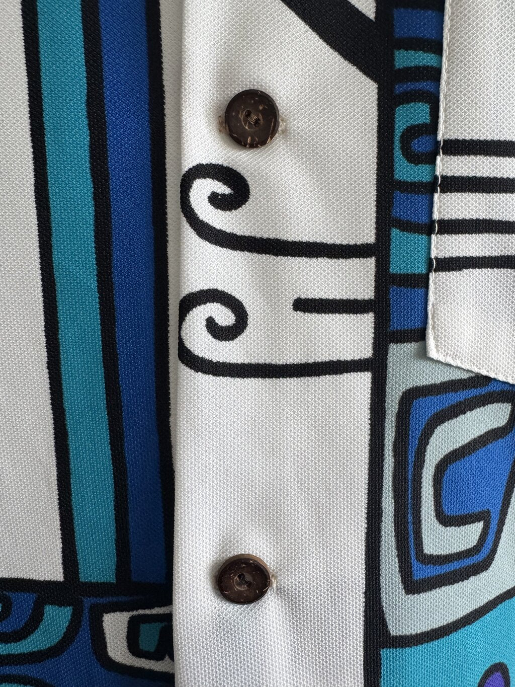 80s Kilauea Abstract Tribal Vintage Hawaiian Shirt – White & Teal Tricot Knit (S)
