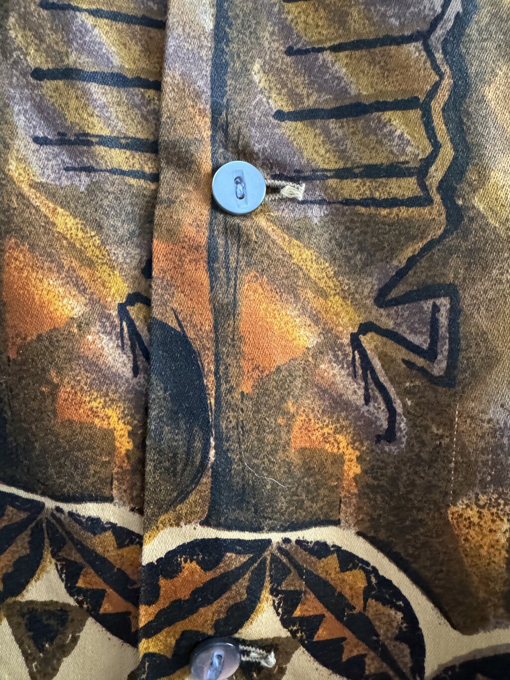 1960s - Reef Barkcloth Tribal Shirt – Hand-Painted Motif, Silky Rayon – Made in Hawaii