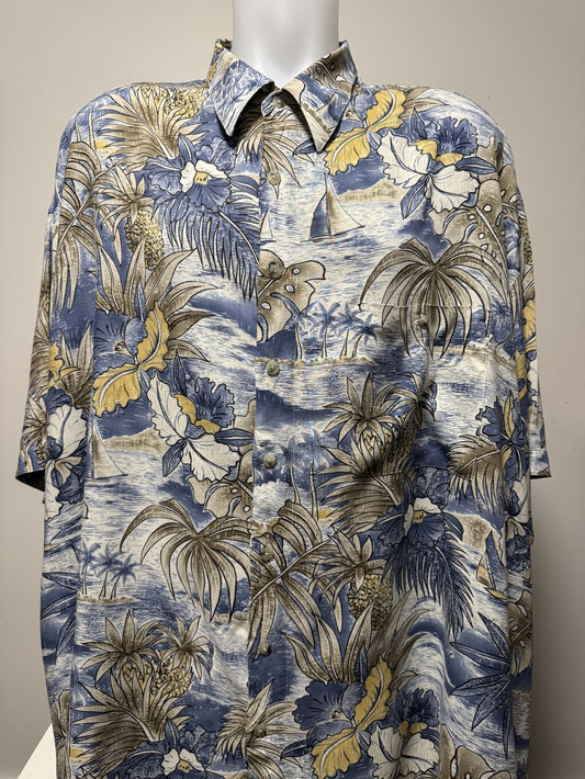 1990s Half Moon Bay Tropical Scenic Print Shirt – Blue, Yellow & Taupe (3XL)